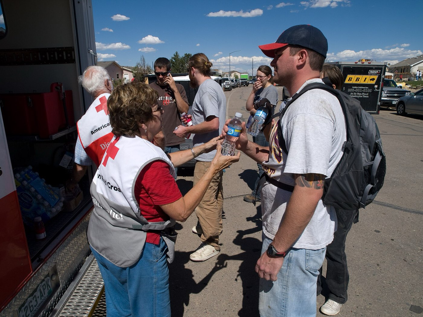 Volunteers moving relief supplies