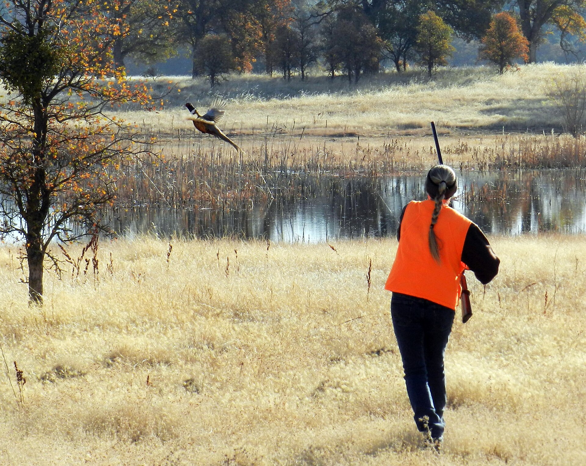 Hunters crossing a field at first light