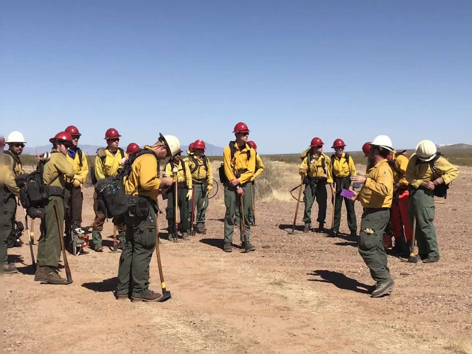Wildland firefighters working a fire line